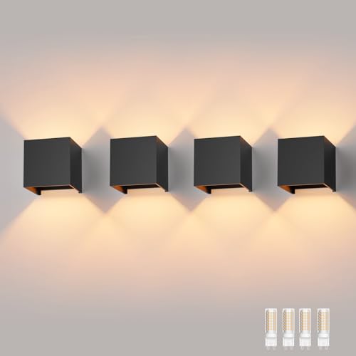 Klighten 4 Stücke Wandleuchte mit Austauschbarer G9 LED Lampe Warmweiß 3000K, Aluminium LED Wandlampe Innen/Aussen Einstellbar Abstrahlwinkel aussenbeleuchtung für Wohnzimmer Garten, Schwarz von Klighten
