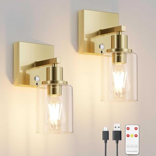 Klighten 6000mAh Kabellos Akku Wandleuchte mit Fernbedienung,2PCS Aufladbare Wandleuchte,Batterie Wandleuchten Innen mit Glasschirm,Wandlampe akku 3000K Warmweiß,für Wohnzimmer Mit Glühbirne,Gold von Klighten