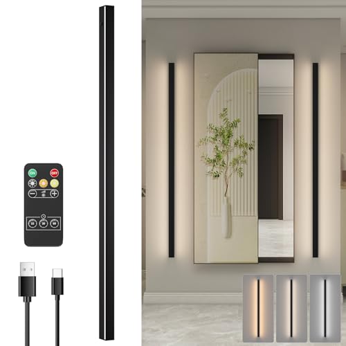 Klighten 8W LED Akku Wandleuchte Dimmbare, Schwarz Kabellos 120cm Wandlampe mit Fernsteuerung, Lange Wiederaufladbar Wandleuchten mit Timer-Funktion für Schlafzimmer Wohnzimmer Korridor Treppenhaus von Klighten