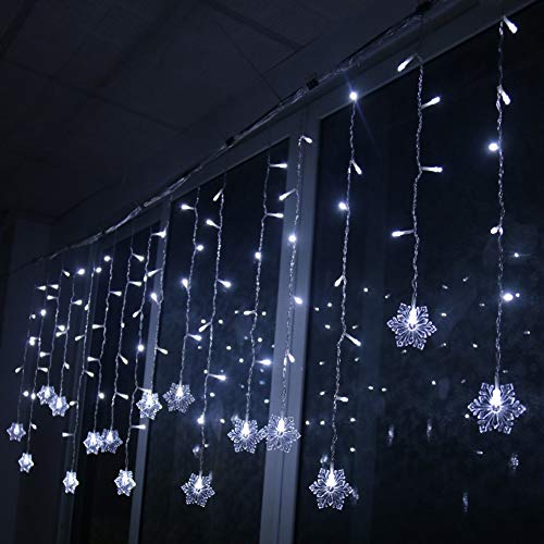 Klighten 96 LED Lichtervorhang USB Lichterkettenvorhang, 3M*0.65M 8 Modi Schneeflocke LED String Licht für Partydekoration Weihnachten, IR Fernbedienung LED Lichterkette - Kaltes Weiß von Klighten