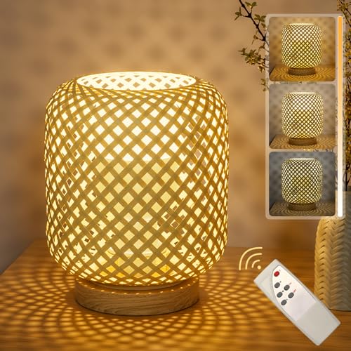 Klighten LED Tischlampe Rattan aus Naturale Bambus und Holz Innen Mit Akku Kabellose, Tischleuchte Batteriebetrieben, 5500mah Dimmbar, Mit Fernbedienung, 3 Farbtemperatur, 7W, mit E27 Leuchtmittel von Klighten