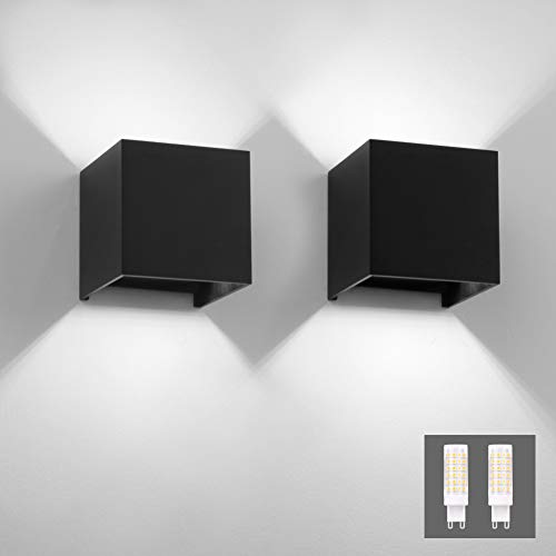 Klighten LED Wandleuchten 6000K Kaltes Weiß 2er Pack Modern Up Down Wandlampe Mit Einer Ersetzbaren G9 LED Birne Wandbeleuchtung Innen/Außen (Schwarz 6000K) von Klighten
