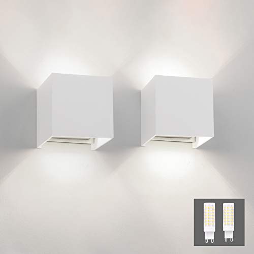 Klighten LED Wandleuchten 6000K Kaltes Weiß 2er Pack Modern Up Down Wandlampe Mit Einer Ersetzbaren G9 LED Birne Wandbeleuchtung Innen/Außen (Weiß 6000K) von Klighten