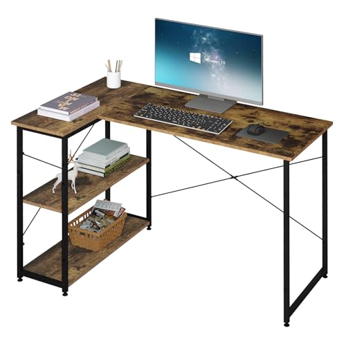 Klihome Eckschreibtisch, Schreibtisch L Form, Computertisch mit Regal, Bürotisch mit Stauraum, PC Tisch Ecktisch, für Büro Wohnzimmer, Holzwerkstoff Metall, Vintage-Braun + Schwarz, 120x72x72.5 cm von Klihome