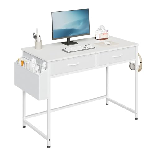 Klihome Schreibtisch mit 2 Schubladen + Stauraum - 100x48x75cm Weißer PC-Tisch inkl. Kopfhörerhalter für Schlafzimmer/Wohnzimmer Klihome Schreibtisch mit 2 Schubladen + Stauraum - 100x48x75cm Weißer PC-Tisch inkl. Kopfhörerhalter für Schlafzimmer/Wohnzimmer von Klihome