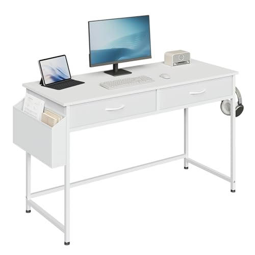 Klihome Schreibtisch mit 2 Schubladen + Stauraum - 120x48x75cm Weißer PC-Tisch inkl. Kopfhörerhalter für Schlafzimmer/Wohnzimmer von Klihome