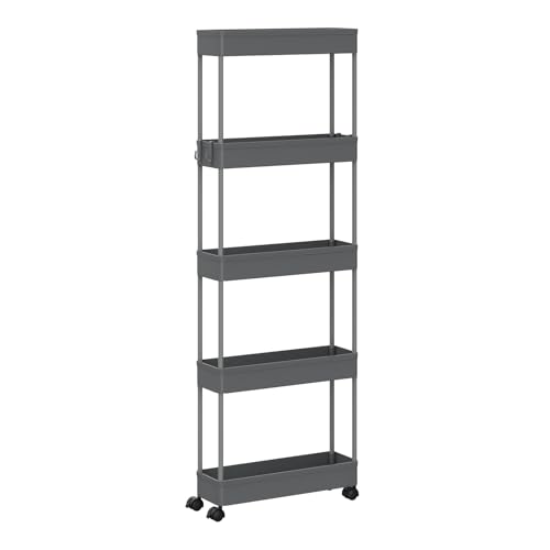 Klihome Servierwagen mit 5 Ebenen, Küchenwagen Nischenwagen Nischenregal mit Rollen, durchbrochendem Design, 4 Haken, Rollwagen für Schlafzimmer Küche Wohnzimmer, 39 x 107,5 x 12,5 cm, Grau von Klihome