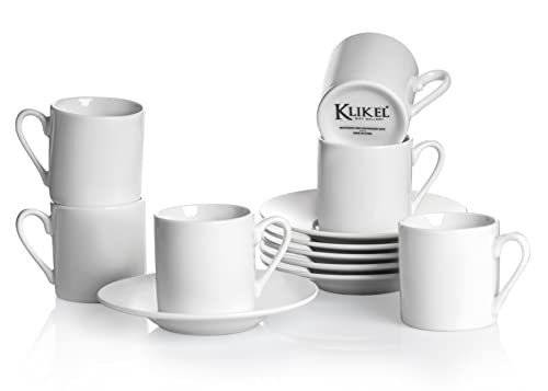 Klikel Espresso-Tasse und Untertassen-Set – weiße Cappuccino-Demitasse – kleine Kaffeetassen für kubanischen Kaffee oder italienischen Espresso – 6er-Set von Klikel