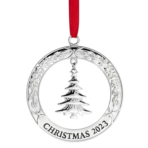 Klikel Weihnachtsdekoration 2023 – Glänzend Silber Weihnachtsdekoration 2023 Kranz mit Baum – datiert 2023 Weihnachtsdekoration – 2023 Ornament für Weihnachtsbaum – schöner Baumschmuck für Feiertage von Klikel