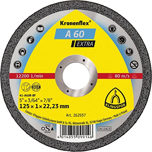 Klingspor Kronenflex A 60 Extra Trennscheiben 125 x 1 x 22,23 mm gerade für Edelstahl und Metall Universal 262937 | 25 Stück Klingspor Kronenflex A 60 Extra Trennscheiben 125 x 1 x 22,23 mm gerade für Edelstahl und Metall Universal 262937 | 25 Stück von KLINGSPOR