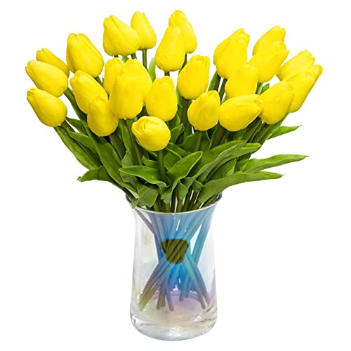 Kliplinc Künstliche Tulpen, Tulpen, fühlen sich echt an, , PU-Blumenstrauß, Latex, Weiß (Gelb), 30 Stück von Kliplinc