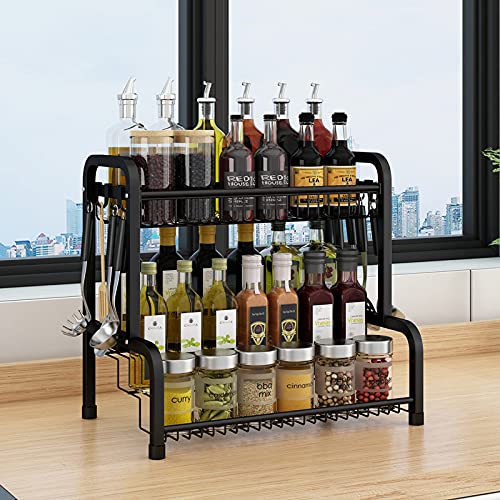 Klivien - Gewürzregal Gewürzaufbewahrung aus Edelstahl ohne Bohren Organizer mit 8 Haken für Gewürzflaschen Gläser Ölflaschen Speisekammer Lagern Spice Rack (2 Ebenen) von Klivien