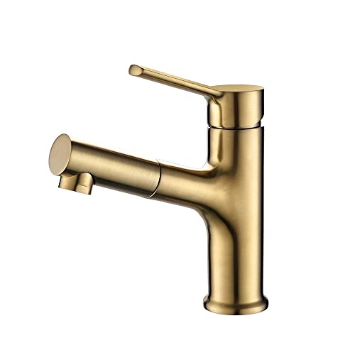 Klobvtt Waschbeckenarmatur in gebürstetem Gold mit ausziehbarem Sprüher, um 360 ° drehbare Einhand-Anti-Splash-Armaturen, 2-Modus-Wasserauslass-Waschbecken-Mischbatterie mit drehbarem Auslauf von Klobvtt