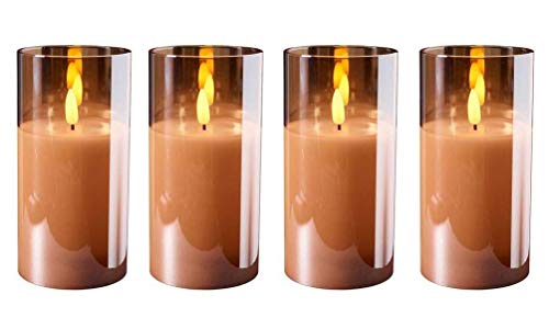 Hochwertige LED Adventskerzen im Glas - 4er Kerzenset/Sparset - Timer - Realistisch Flackernd - Kerze Weihnachten/Weihnachtskerzen/Adventskranz (Amber, Groß - Höhe 15cm / Ø 7,5cm) von Klocke Dekorationsbedarf
