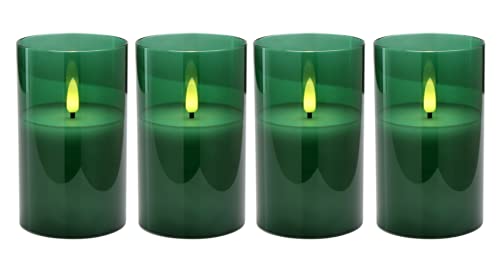 Hochwertige LED Adventskerzen im Glas - 4er Kerzenset / Sparset - Timer - Realistisch Flackernd - Kerze Weihnachten / Weihnachtskerzen / Adventskranz (Grün, Mittel - Höhe 12,5cm / Ø 7,5cm) von Klocke Dekorationsbedarf