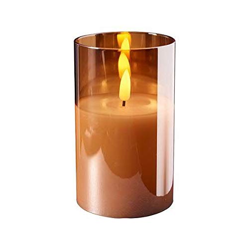 Hochwertige & Edle LED Kerze im Glas - Timer - Realistisch Flackernd - Neuartiges Design (Amber, Höhe: 12,5cm - Ø 7,5cm) von Klocke Dekorationsbedarf
