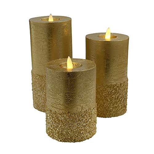 Klocke Dekorationsbedarf Edle LED Kerze mit rustikaler Oberfläche - Timer - Echtwachs - Realistisch Flackernd (Gold, 3er Sparset) von Klocke Dekorationsbedarf