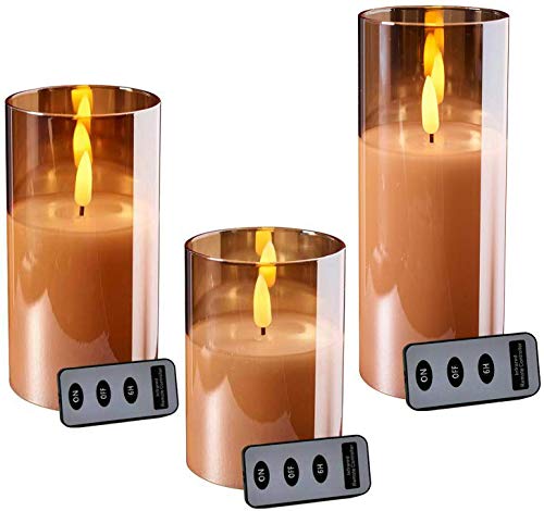 Klocke Dekorationsbedarf Hochwertige LED Kerze im Glas - mit Fernbedienung & Timer - ⌀ 10 cm - Realistische & Flackernde Flamme - Weihnachten Deko (Amber, 3 Größen im Sparset) von Klocke Dekorationsbedarf