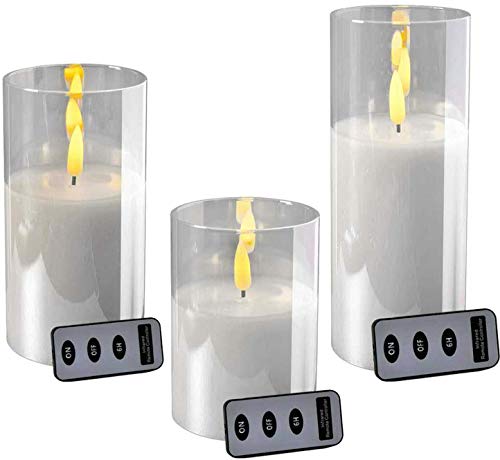 Klocke Dekorationsbedarf Hochwertige LED Kerze im Glas - mit Fernbedienung & Timer - ⌀ 10 cm - Realistische & Flackernde Flamme - Weihnachten Deko (Weiß, 3 Größen im Sparset) von Klocke Dekorationsbedarf