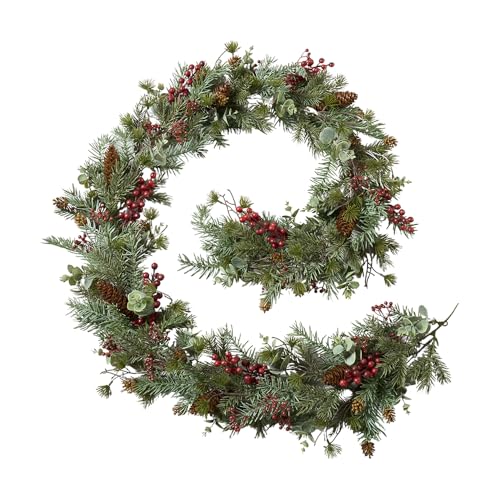Künstliche Weihnachtsgirlande Tanne/Eukalyptus/Beeren - Länge 188 cm - Winterliche Deko für Innen & Außen (Rot/Grün) von Klocke Dekorationsbedarf
