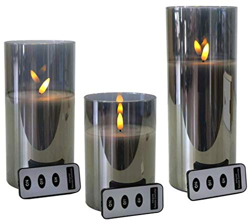 LED Kerzen im Glas - mit Fernbedienung & Timer - ⌀ 10 cm - Realistische & Flackernde Flamme - Weihnachten Kerzenset (Grau, 3er Sparset) von Klocke Dekorationsbedarf