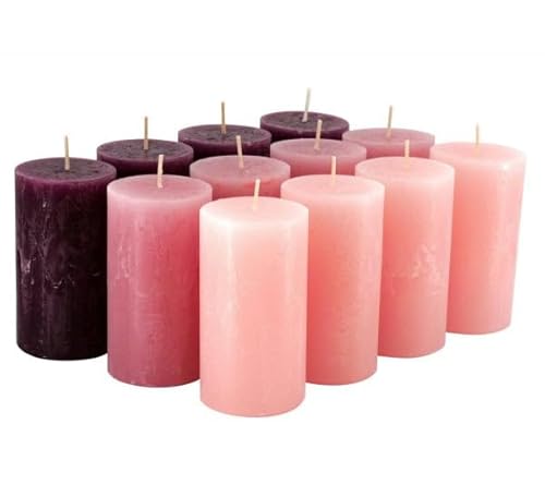 Rustikale Stumpenkerzen – 12 Stück - Wachskerzen/Rustickerzen/Adventskerzen Weihnachten (Rosa-Mix, Standard: Höhe 11cm / Ø 6cm) von Klocke Kerzen