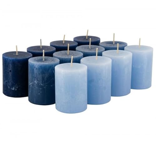 Rustikale Stumpenkerzen – 12 Stück - Wachskerzen/Rustickerzen/Adventskerzen Weihnachten (Blau-Mix, Klein: Höhe 8cm / Ø 6cm) von Klocke Kerzen