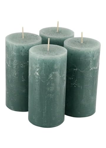 Rustikale Stumpenkerzen – 4 Stück - Wachskerzen/Rustickerzen/Adventskerzen Weihnachten (Smaragd Grün, Groß: Höhe 14cm / Ø 7cm) von Klocke Kerzen