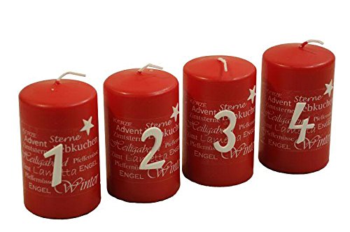 Tolle Adventskerzen mit Zahlen & Motiven - Höhe 10cm / Ø 6cm - Weihnachtliche Kranzkerzen/Stumpenkerzen - Adventskranz/Weihnachtskranz/Weihnachtskerzen/Kerzen Weihnachten (Rot) Unparfümiert von Klocke Kerzen