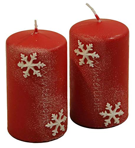 Wunderschöne Adventskerzen Winterlicht - 2 Stück - Motiv: Schneeflocke - Kranzkerzen/Stumpenkerzen - Weihnachtskerzen/Kerzen Weihnachten (Rubin, Klein: Höhe 10cm - Ø 6cm) von Klocke Kerzen