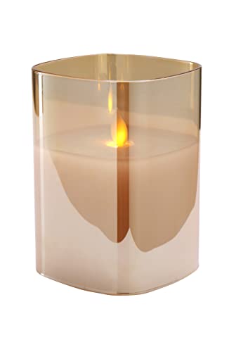 Hochwertige & Eckige LED Kerze im Glas Windlicht - Flammenlose & Flackernde Echtwachskerze (Gold, Höhe:12,50cm) von Klocke LED Kerzen