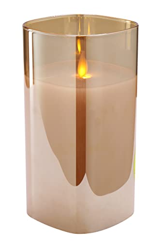 Hochwertige & Eckige LED Kerze im Glas Windlicht - Flammenlose & Flackernde Echtwachskerze (Gold, Höhe:17,50cm) von Klocke LED Kerzen