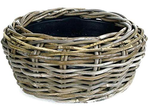 Pflanzkorb Rattan Rund – Beigegrau - Weidenkorb mit Einsatz für Außen/Outdoor - Gartenkorb Korbgeflecht - Übertopf für Garten/Pflanzgefäß (Ø 35cm / Höhe 14cm) von Klocke Pflanzkörbe