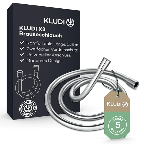 KLUDI-X3 Universal Duschschlauch 1,25 m aus reinigungsfreundlichem Kunststoff, flexibler Brauseschlauch mit doppeltem Verdrehschutz, knickfest, Standard Anschluss, Chrom von KLUDI