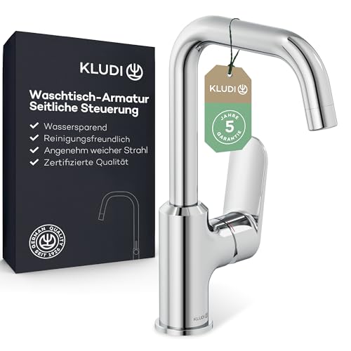 KLUDI-X1 Waschtischarmatur, 360° schwenkbar, Auslaufhöhe 205 mm, wassersparender Wasserhahn Bad Größe L, Keramikkartusche, Mischbatterie Waschbecken inkl. Anschlussschläuche in Chrom von Kludi