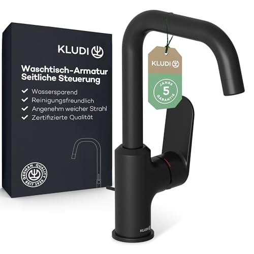 KLUDI-X1 Waschtischarmatur mit Zugstangen-Ablauf, 360° schwenkbar, Auslaufhöhe 205 mm, wassersparender Wasserhahn Bad Schwarz Matt Größe L, Mischbatterie Waschbecken inkl. Anschlussschläuche KLUDI-X1 Waschtischarmatur mit Zugstangen-Ablauf, 360° schwenkbar, Auslaufhöhe 205 mm, wassersparender Wasserhahn Bad Schwarz Matt Größe L, Mischbatterie Waschbecken inkl. Anschlussschläuche von Kludi