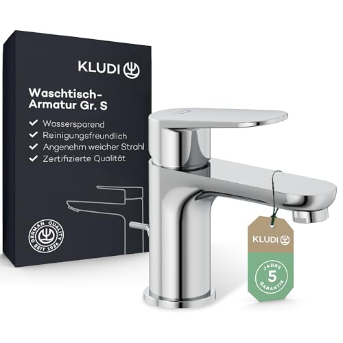 KLUDI-X1 Waschtischarmatur mit Zugstangen-Ablauf, Auslaufhöhe 75 mm, wassersparender Wasserhahn Bad Größe S, Keramikkartusche, Mischbatterie Waschbecken inkl. Anschlussschläuche in Chrom von KLUDI