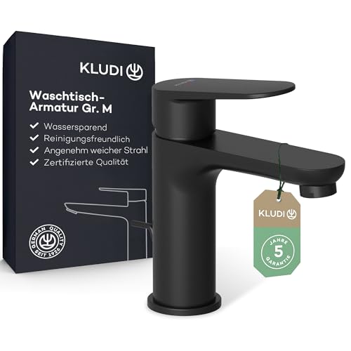 KLUDI-X1 Waschtischarmatur mit Zugstangen-Ablauf, Auslaufhöhe 95 mm, wassersparender Wasserhahn Bad Schwarz Matt Größe M, Keramikkartusche, Mischbatterie Waschbecken inkl. Anschlussschläuche von KLUDI