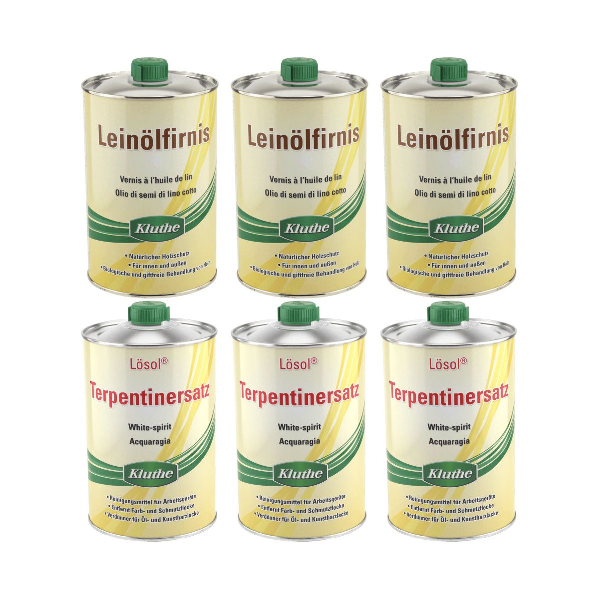 Set 3 x 1 Liter Leinölfirnis & 3 x 1 Liter Terpentinersatz von Kluthe