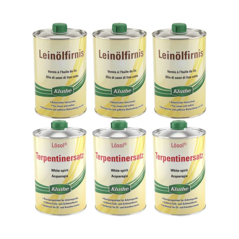 Set 3 x 1 Liter Leinölfirnis & 3 x 1 Liter Terpentinersatz von Kluthe