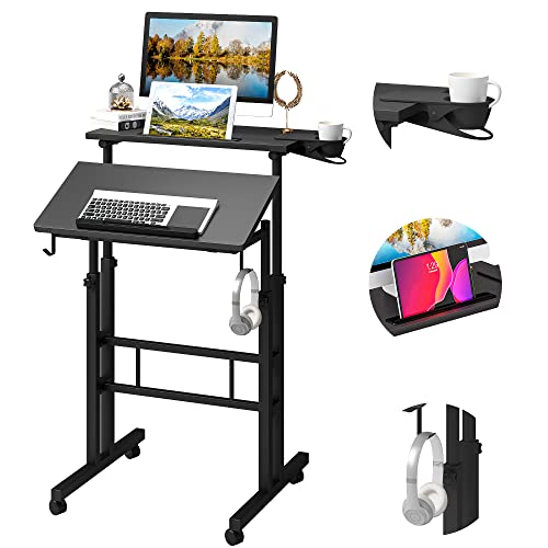 Klvied Mobiler Stehschreibtisch mit Getränkehalter, Tragbarer Stand Up Schreibtisch, Verstellbare Höhe Kleiner Stehtisch, Home Office Laptopwagen, Computertisch zum Stehen oder Sitzen von Klvied