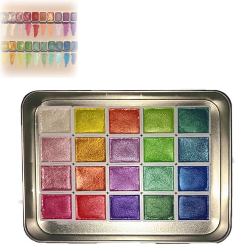 Aquarell Metallic Farben Set, 20 Farben Glitzer-Aquarell-Festfarbkasten, Metallic-Aquarellfarben, Perlglanz-Aquarellfarben, Palette für Malliebhaber (A,2.3ml) von KmoNo