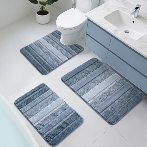 Kmson 3-teiliges Ombre-Chenille-Badezimmerteppich-Set, rutschfest, ultraweich, waschbar, zotteliger Badteppich für die Badewanne, dicke, wasserabsorbierende Mikrofaser-Duschmatte, Blau von Kmson