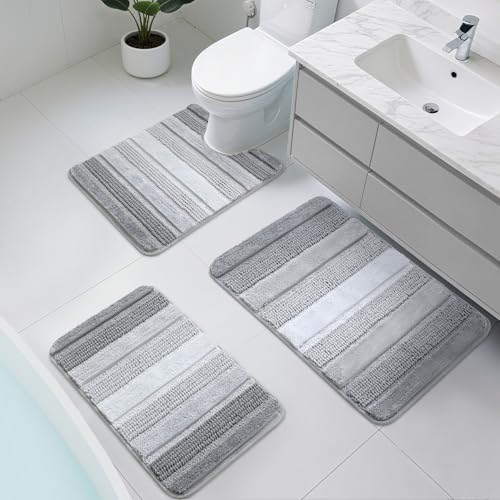 Kmson 3-teiliges Ombre-Chenille-Badezimmerteppich-Set, rutschfest, ultraweich, waschbar, zotteliger Badteppich für die Badewanne, dicke, wasserabsorbierende Mikrofaser-Duschmatte, Grau von Kmson