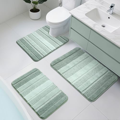 Kmson 3-teiliges Ombre-Chenille-Badezimmerteppich-Set, rutschfest, ultraweich, waschbar, zotteliger Badteppich für die Badewanne, dicke, wasserabsorbierende Mikrofaser-Duschmatte, Grün von Kmson