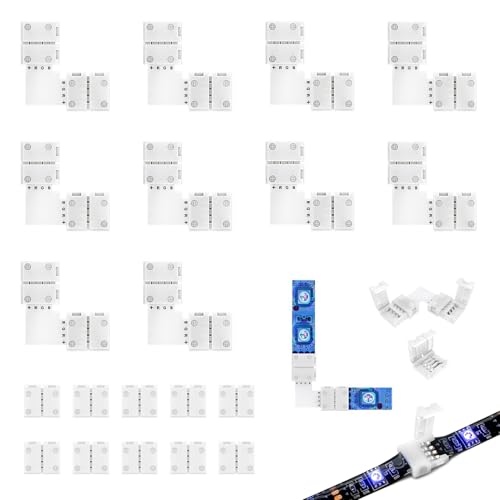 20-Stück LED Streifenverbinder 4polig, L-Form LED Eckverbinder, Streifen Zubehörset 10 L-förmige Verbinder & 10 Schnellverbinder für 10mm RGB Streifen SMD 5050, Nicht Wasserdichte Multicolor Strips 20-Stück LED Streifenverbinder 4polig, L-Form LED Eckverbinder, Streifen Zubehörset 10 L-förmige Verbinder & 10 Schnellverbinder für 10mm RGB Streifen SMD 5050, Nicht Wasserdichte Multicolor Strips von Kmuqshy