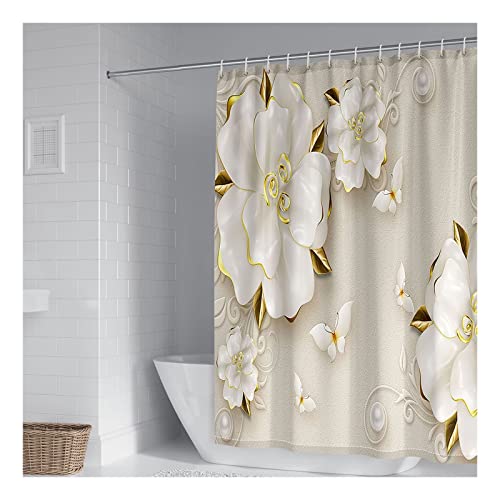 KnBoB 165x200 cm Duschvorhang Antischimmel Wasserdicht, Polyester Weiß Gold 3D Blumen Schmetterlinge Muster Bad Vorhang Anti Schimmel mit 12 Duschvorhangringe von KnBoB
