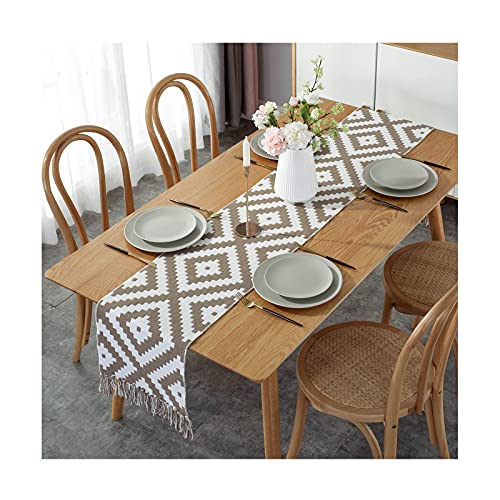 KnBoB Baumwolle Leinen Beige Braun Geometrisches Puzzle Muster mit Quasten Tischläufer für Küchentisch rutschfest Größe 32x220CM von KnBoB