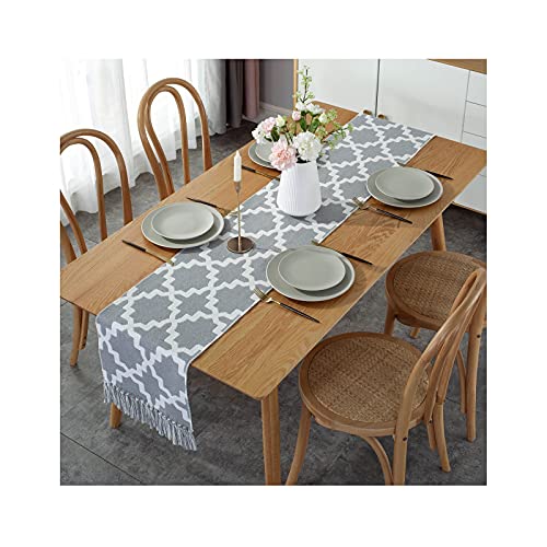 KnBoB Baumwolle Leinen Beige Grau Geometrisches Puzzle Muster mit Quasten Tischläufer Herbst Größe 32x240CM von KnBoB