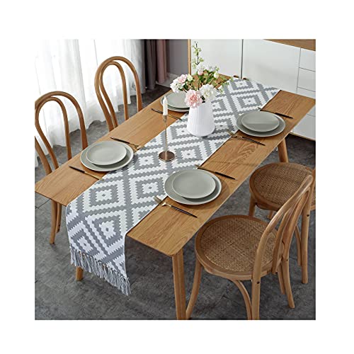 KnBoB Baumwolle Leinen Beige Grau Geometrisches Puzzle Muster mit Quasten Tischläufer für Zuhause Restaurant Speisetisch Größe 32x240CM von KnBoB